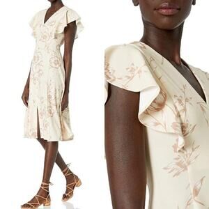 NWT Calvin Klein Cream Floral V-Neck Flutter Sleeve Midi Dress $134 Size 2